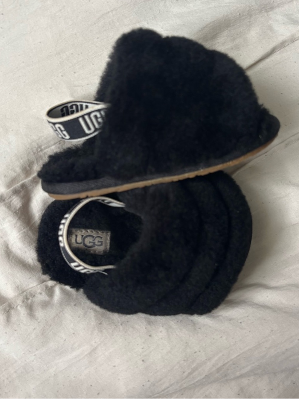 UGG Black Fuzzy Shearling Slide with Branded Elastic Strap